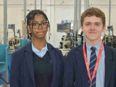 1 - Kortney and Charlie from County High at the STEM event inside the Gene Haas Foundation Centre in Bury St Edmunds