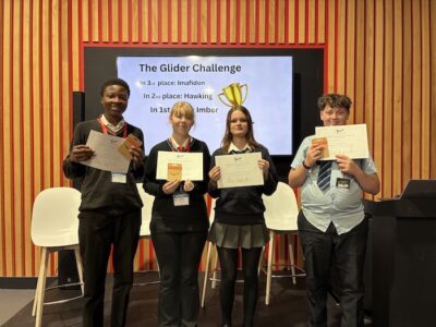 22 - Team Imber won the Glider event. Samuel Nwogu from King Edward VI Sch., Emily Rivers from Stowmarket High Sch., Amber Prosser from County High Sch., and Salim Yahouni from Newmarket Aca